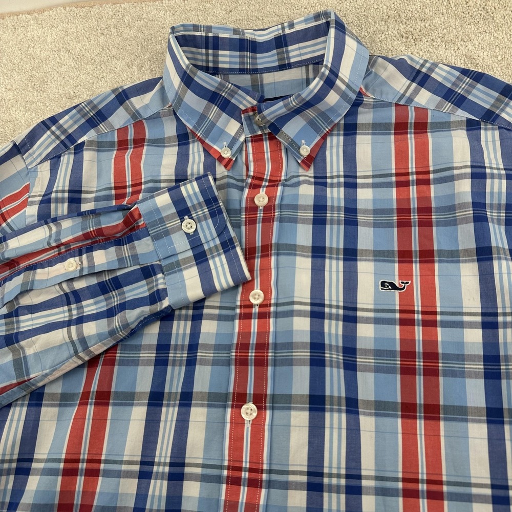 Vineyard Vines Button Down Shirt Mens Medium Blue Red Plaid Slim Fit Whale Shirt